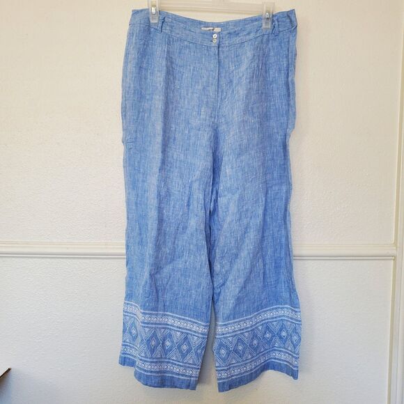 Edward Irish Linen Pants Blue Embroidered Size L Pearl Buttons Wide Leg - Picture 1 of 16
